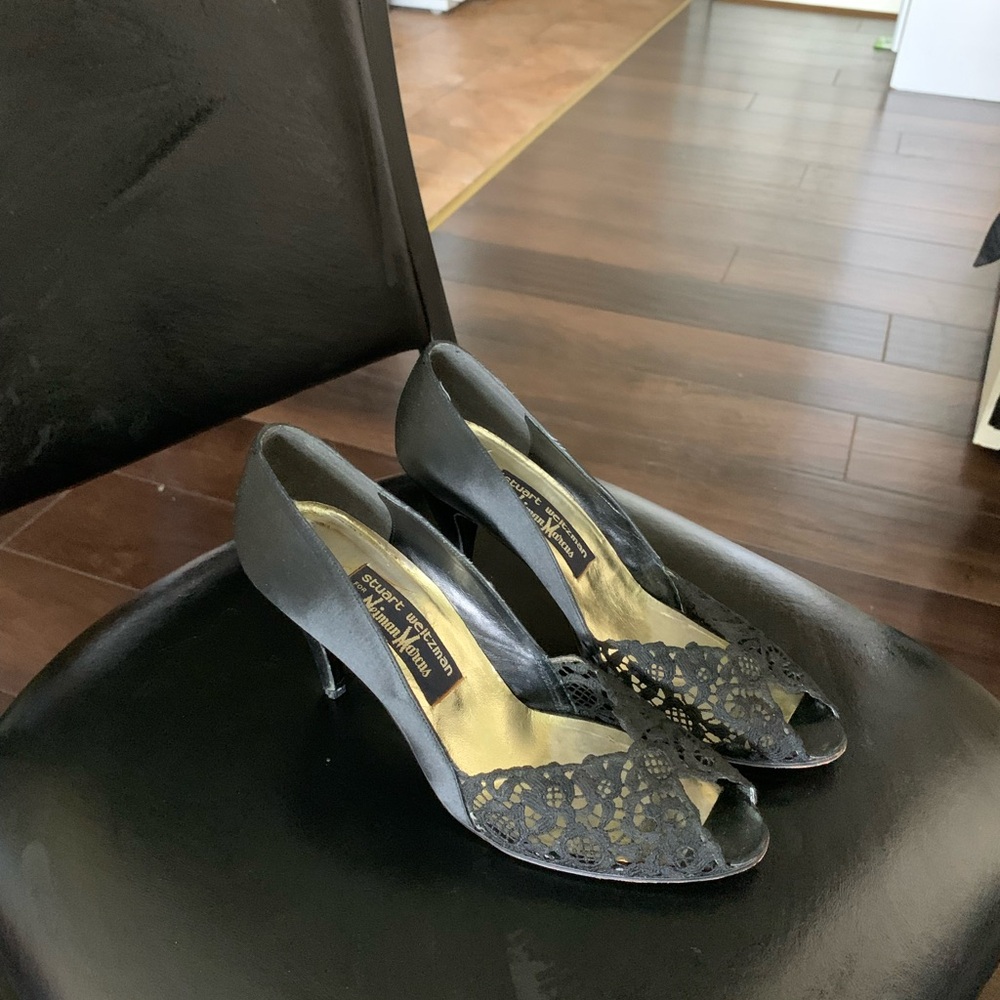 Stuart Weitzman Black Lace Peep-Toe Heels
